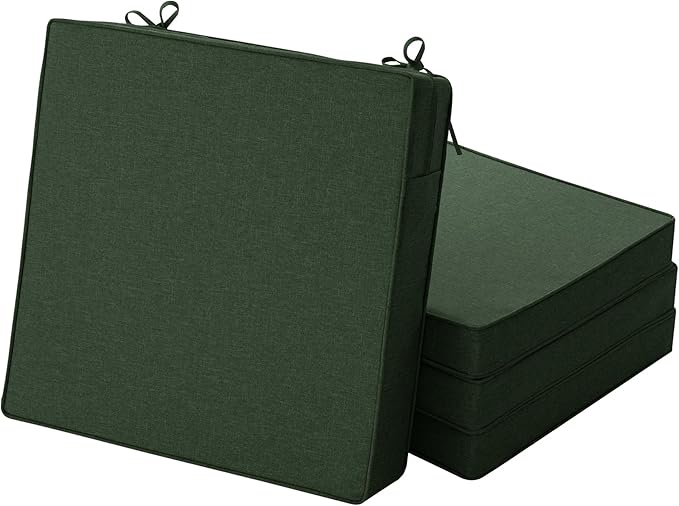Outdoor Chair Cushions, Water-Resistant & Fade-Resistant, Patio Furniture Square Seat Replacement Chair Pads with Ties, Removable Cover, Non-Slip Bottom, Set of 4, 24 x 24 Inch, Olive Green