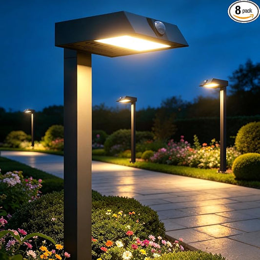 XMCOSY+ 8 Pack Solar Pathway Lights with Motion Sensor, 300LM Metal 3 Modes Solar Lights Outdoor for Garden, Backyard, Yard (Warm/Cool White)