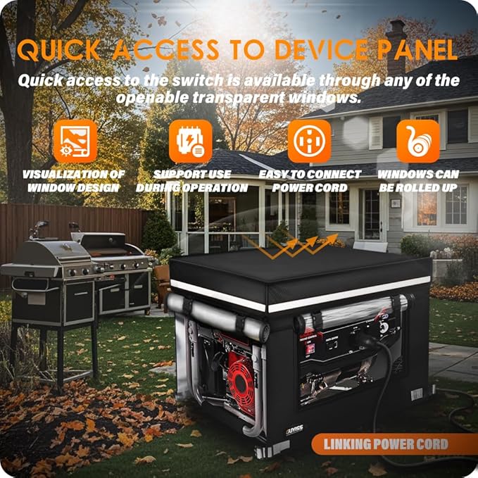 Generator Covers While Running, 32x24x24 inch Generator Cover, 900D+210D Heavy Duty Waterproof, PVC Transparent Visual Operation Window, Top Can Be Opened for Refueling. Black