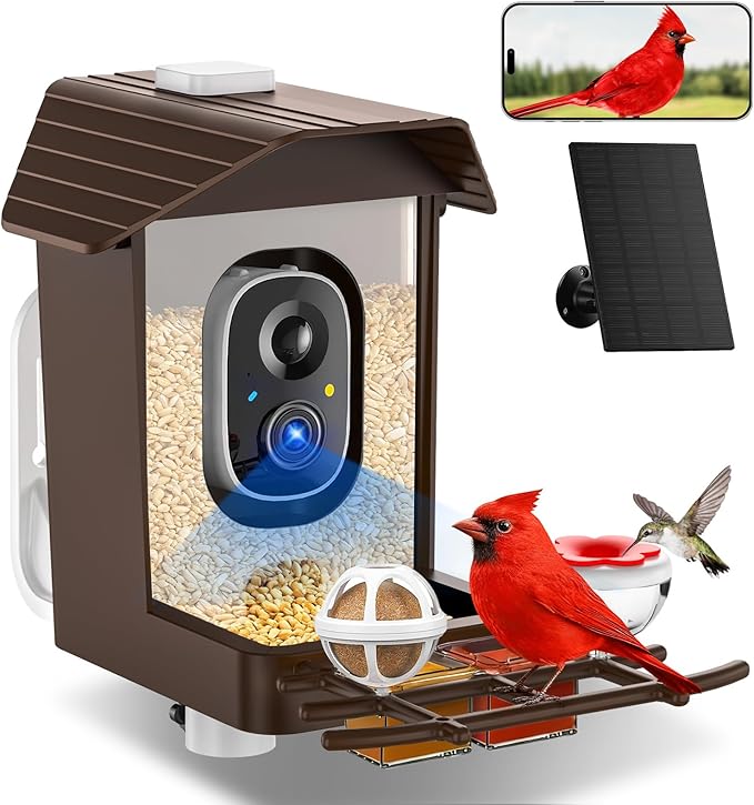 Bird Feeder with Camera, Solar Powered Smart Bird Feeder Camera Outdoor, 2K HD Live Video, Motion Detection Alerts, 2.4GHz WiFi, IP65 Waterproof, Bird Watching Gift for Backyard