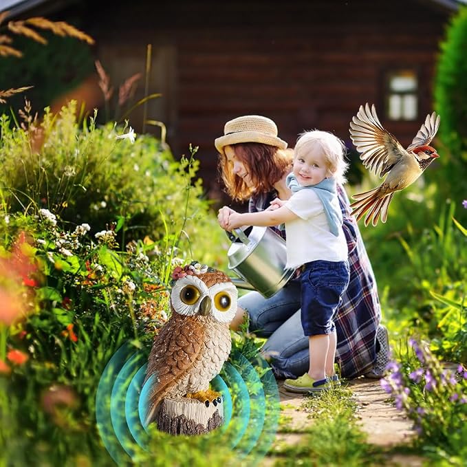 1 KINGO Fake Owl Decoy, Bird Deterrents for Outside, Solar Powered LED Eyes & Ultrasonic Deterrent, Scarecrow Owl Decoys to Scare Birds Away, Bird Repellent Devices Outdoor, Resin Garden Statues