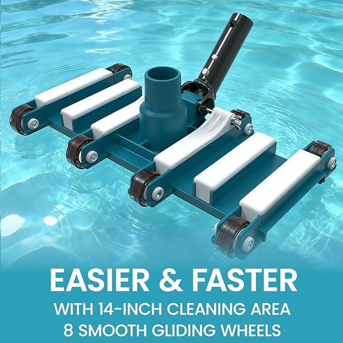 POOLWHALE 14" Professional Pool Vacuum Head with Wheels, Weighted Manual Vacuum Head Attachment, Direction-Control Handle for Inground & Above Ground Pools Clean Remove Debris