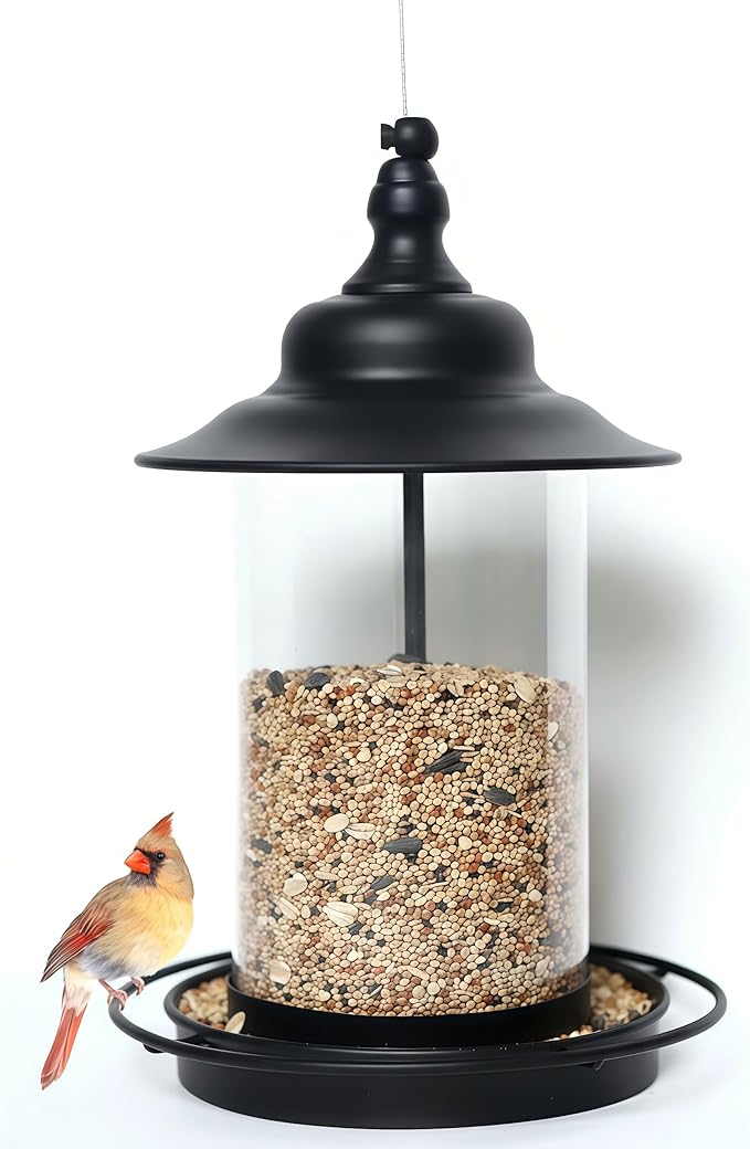Bird Feeders for Outdoors,Hanging Bird Feeder with Locking Lid, Metal Birdfeeder with 17.5cm Weatherproof Large Roof&Tray,3 Feeding Perches,Chew-Proof, Black,1 Pack