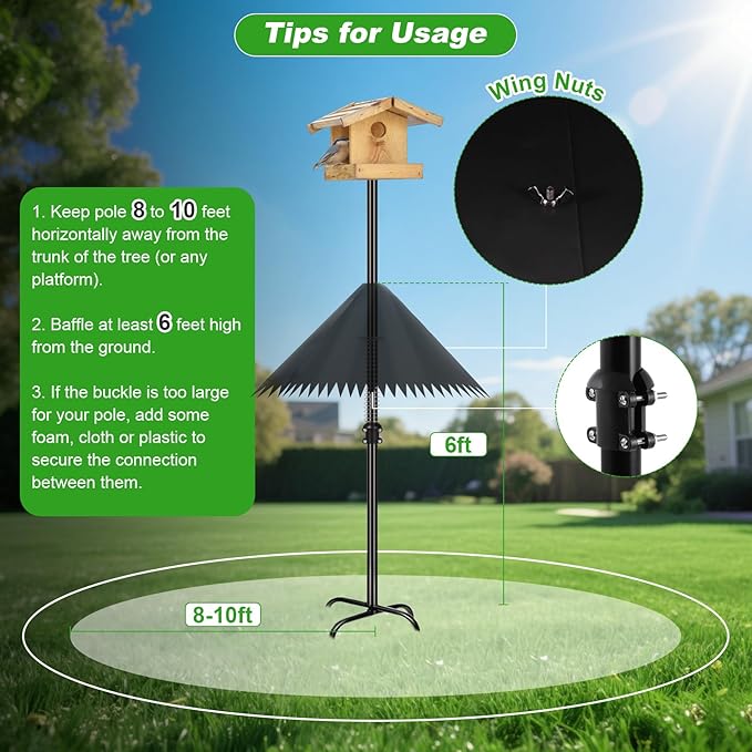 Squirrel Baffle for Bird Feeder Pole, 19 inch Squirrel Cone for Bird Feeder Pole, Outdoor Squirrel Guard with Stainless Steel Spring for Shepherd's Hook, Black