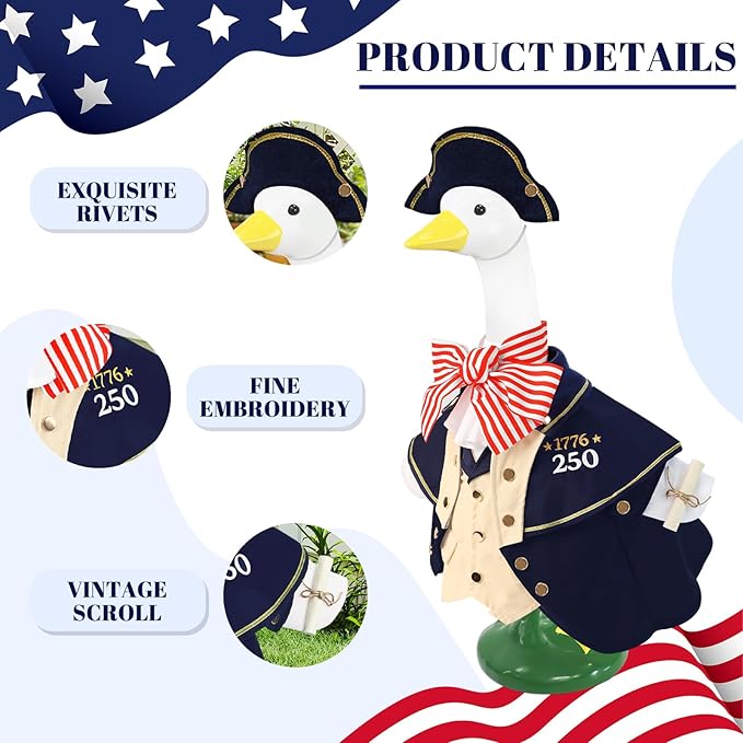 4th of July 3 Pcs Porch Goose Outfits, for 23-28 Inch Porch Goose,250th Goose Outfits USA Outdoor (1776–2026)，Cement Statue for Courtyard Garden Terrace Art Decoration