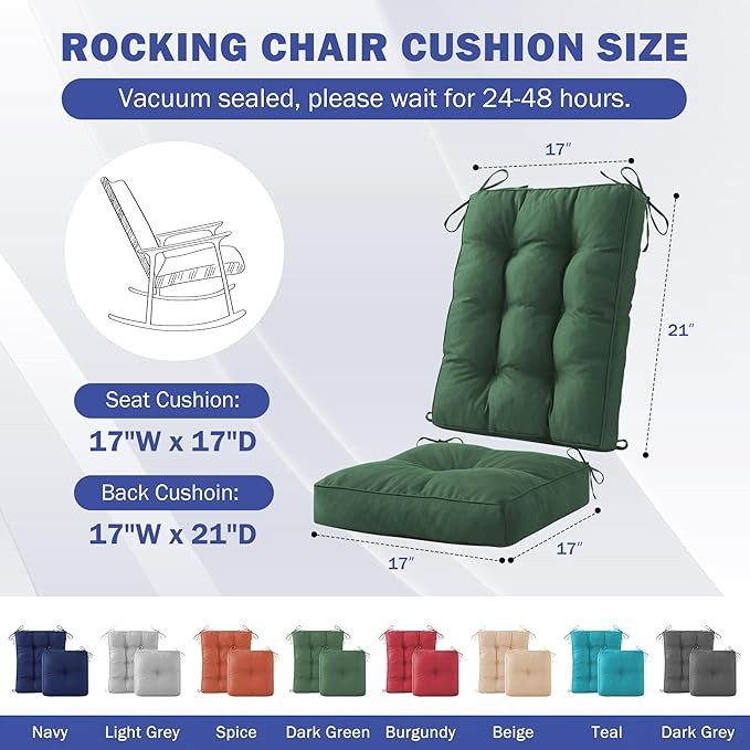IPYNBAP Rocking Chair Cushion, Waterproof and Fade-Resistant Patio Chair Cushions, Tufted Chair Pads for Rocker Furniture, 17x17 Inch, Indoor/Outdoor Seat Cushions with Ties, Dark Green