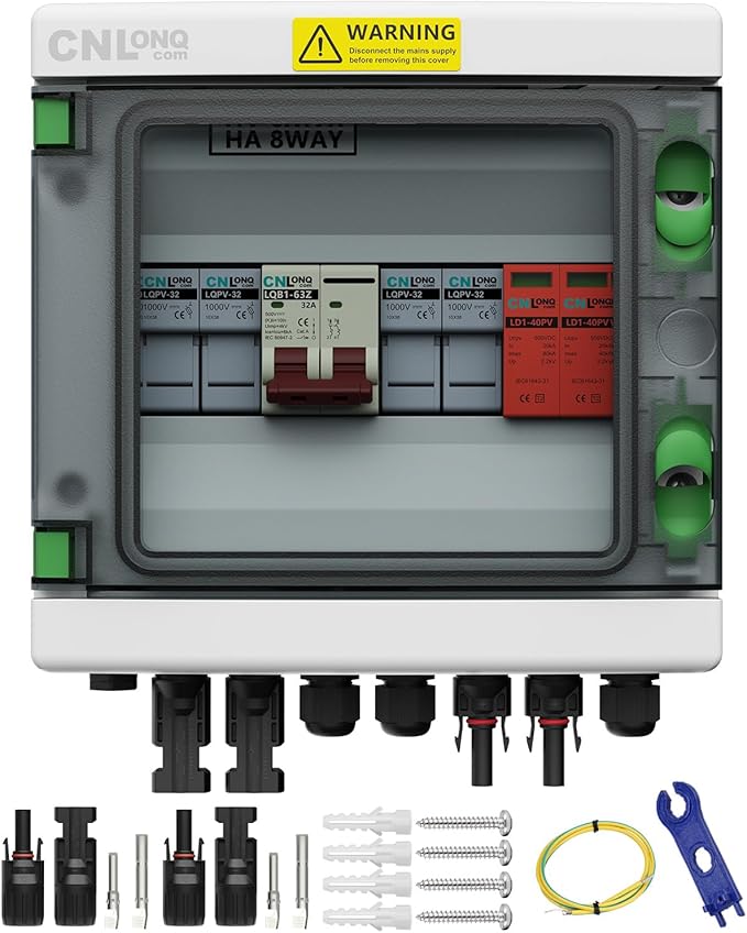 2 String Solar PV Combiner Box IP65 2 in 1 Out DC500V 32A Circuit Breaker with Surge Protector and 15A PV Fuse,Solar Disconnect Switch Outdoor Waterproof for Solar Panels System