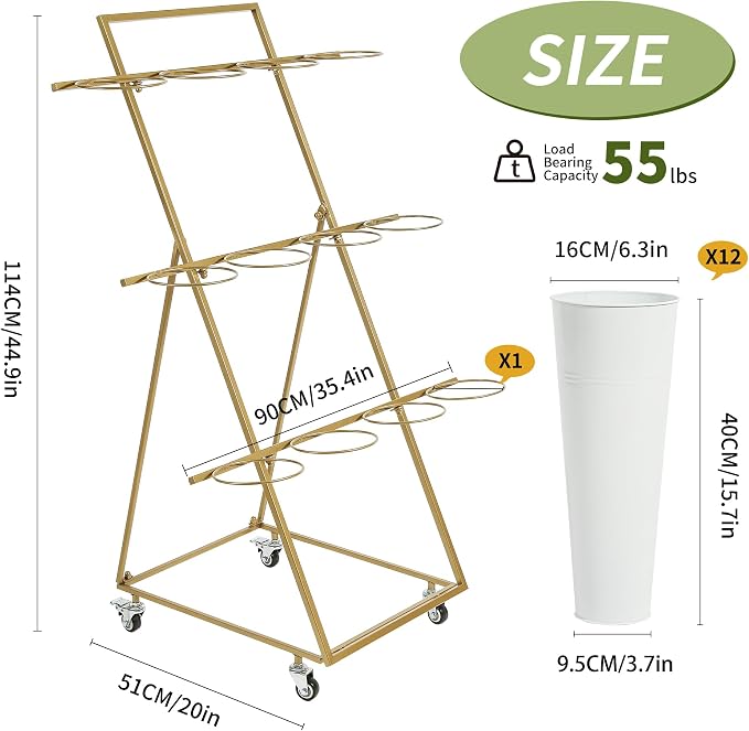 Flower Cart with 12 Metal Buckets, 3 Layers Flower Bar Stand with 360° Swivel Wheels and Brake, Flower Display stand with Iron Bucket, Durable than Plastic Buckets, Flower Holder for Florist or Wedding
