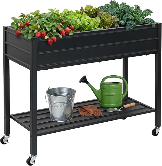 32" Tall Galvanized Raised Garden Bed with Legs Wheels & Shelf, Elevated Planter Box Outdoor for Vegetables, Herbs & Flowers, Patio & Backyard, Garden Bed with 400lb Capacity，Black