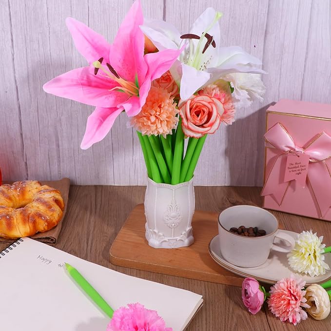 28 Pcs Flower Pens Artificial Daisy Rose Lily Carnation Flower Pens Back to School Pen Wedding Floral Pen for Women Mother's Day Girlfriend Wife Office Birthday Fitst Day Classroom Reward