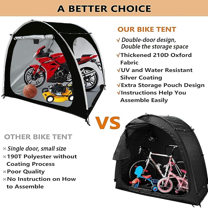 Hwayslon Bike Storage Shed Tent, Portable Outdoor Bike Storage Tent with 420D Oxford Thick PU4000 Waterproof for 1/2/3/4 Bikes, Bike Covers Storage Shed for Bicycles, Lawn Mower, Garden Tools (Black)