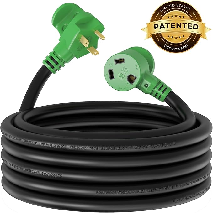 RVMATE 30 Amp 30 Feet RV Power Extension Cord with Easy Plug-in Handle, TT-30P to TT-30R, LED Indicator, 10 AWG, ETL Listed