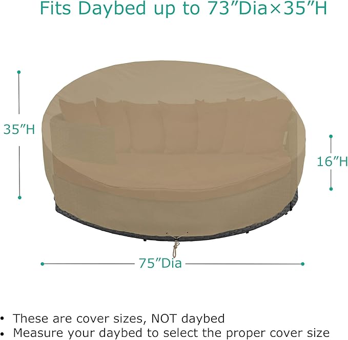SunPatio Heavy Duty FadeStop Outdoor Round Daybed Cover 75 Inch, Patio Day Bed Sofa Cover Waterproof, All Weather Protection Round Canopy with Taped Seam, 75" Dia x 35"/16”H, Taupe