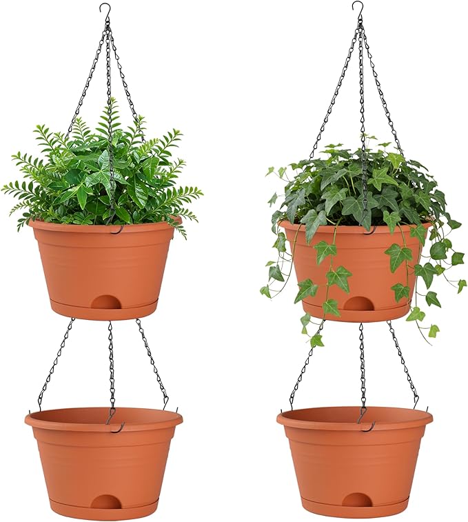 Nooulap 4 Pack Hanging Planters, 10 Inch Hanging Plant Pot with Hanger Chain & Drainage Trays, Hanging Baskets for Plants Outdoor Indoor, Plastic Flowers Pots for Home, Garden Decor (Red)