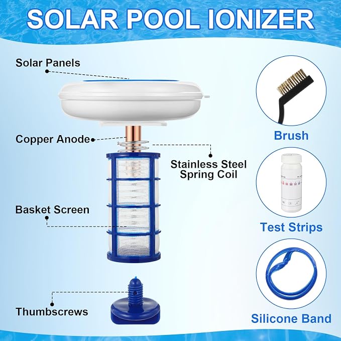 Qualirey 1 Set Solar Pool Ionizer Floating Water Cleaner and Purifier, Kill Algae in Pool, 85% Less Cl, with 4 Pcs Eliminating Ball for Fresh and Salt Water Pools Spas, Reusable (White)