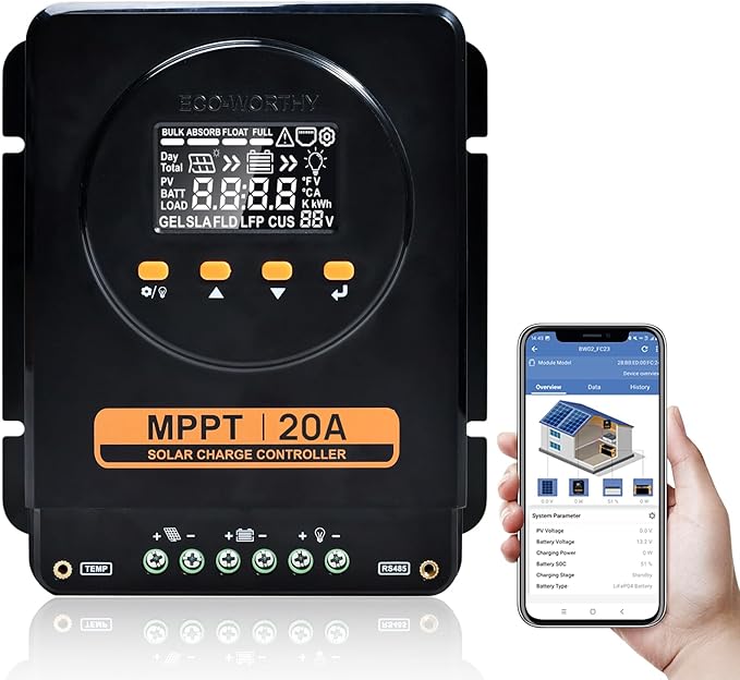 ECO-WORTHY MPPT Solar Charge Controller 12V/24V 20A,Bluetooth & APP Monitoring,LCD Display, Solar Panel Regulator for Gel,SLA,FLD,LFP Battery in Solar System,RV