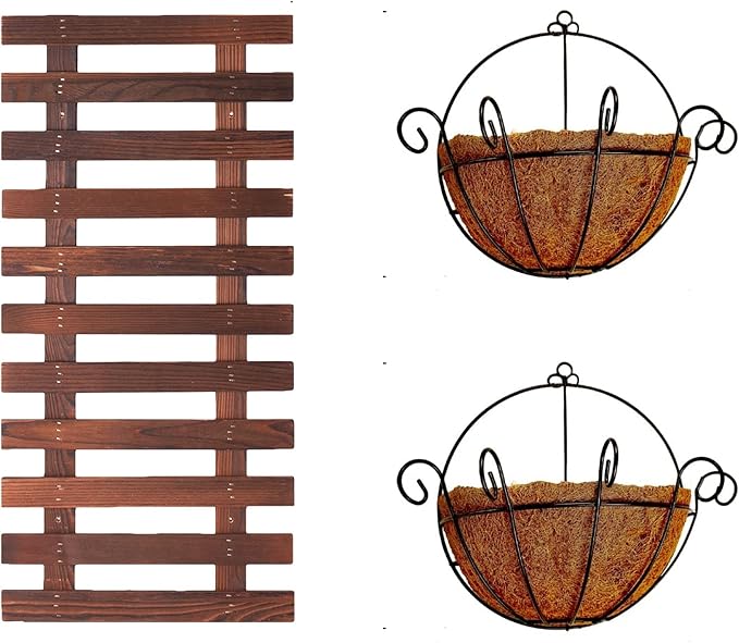 ShopLaLa Bundle - Wooden Plants Holder + 2 Hanging Baskets with Coco Liners Wall Mounted Plant Flower Baskets Vertical Garden Wall Decor LaLaGreen