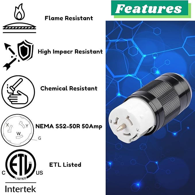 Sintron Generator Connector 50 Amp NEMA SS2-50R, USA/Canada Marine Shore 4-Pin Straight Blade Connector, 3 Pole 4 Wire Grounding 125V/250V, ETL Listed, Twist Locking Connector 50A CS6364 12500 Watts