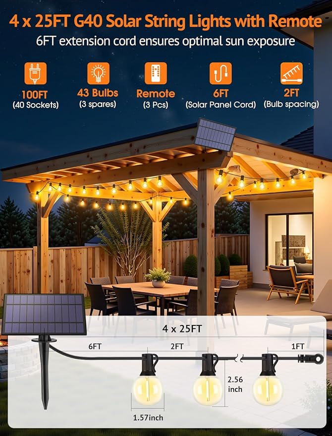 Larkvue 100FT(4x25FT) Solar String Lights Outdoor with Remote, Waterproof Dimmable 3 Modes Patio Light with 40+3 LED G40 Bulbs for Camping Porch-Black