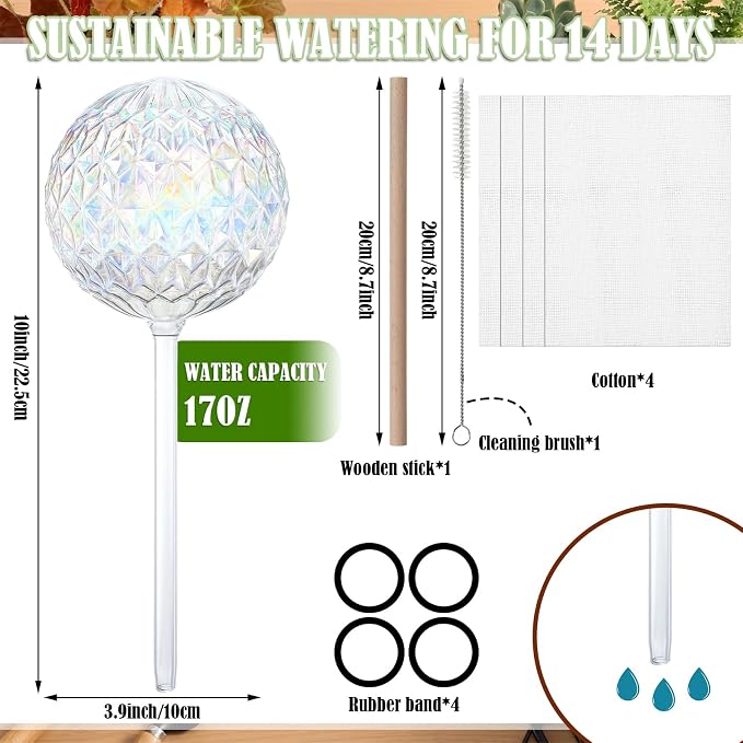 Thenshop 6 Pack 17 oz 2 Weeks Plant Watering Globes Large Self Watering Devices Iridescent Glass Bulbs with Complete Accessories Automatic Drip Irrigation for Patio Lawn Vacation Plant Slow Release