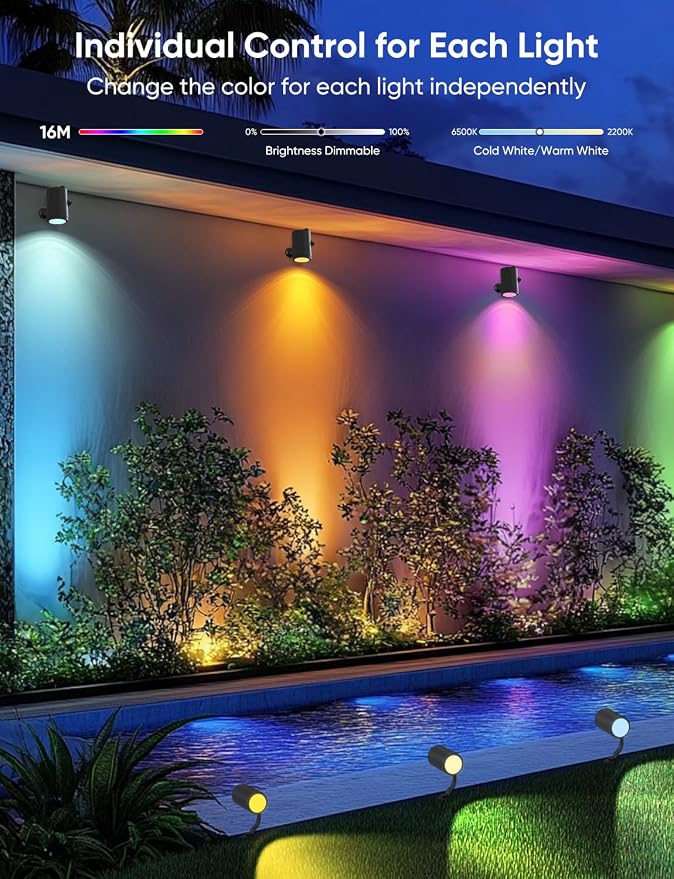 APPECK Smart Landscape Lighting Kit 24W, Color Changing Landscape Lights 4 Pack, RGBCW Outdoor Spot Lights IP65 Waterproof, for Garden Yard Pathway Holiday Decor, Compatible with Alexa