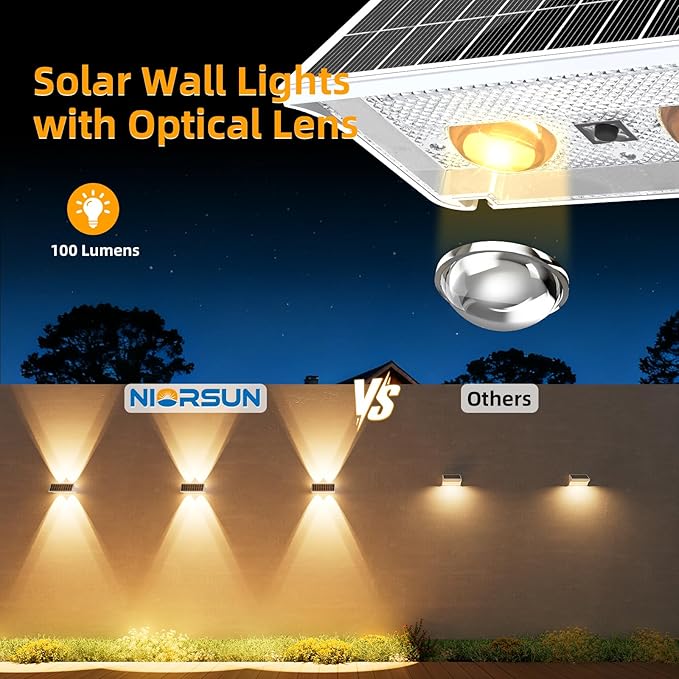 NIORSUN Solar Fence Lights Outdoor, 8 Pack Up and Down Waterproof Solar Wall Lights, Fence Lights with Lens, Warm & Cool White + RGB, Dusk to Dawn Lighting for Patio, Backyard, Pool, Railing (White)