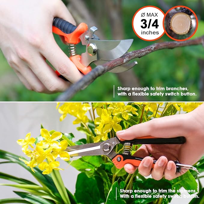 9 Piece Garden Tool Set - Heavy Duty Stainless Steel Gardening Hand Tools with Ergonomic Non-Slip Rubber Handles, Pruning Shears, Trowel and 600D Storage Tote Bag, Gardening Gifts for Women