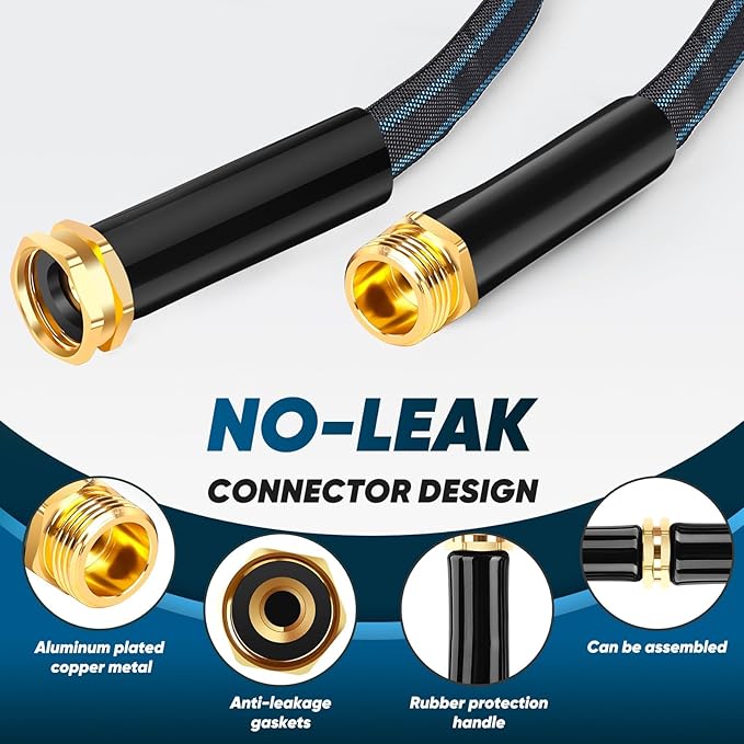 Garden Hose 100ft, Non-Expanding Water Hose, 8 Function Nozzle, Flexible Ultra-Light, Anti-Kink, Wear-Resistant, Portable, Easy Storage, Hose with 3/4 for Outdoor, Garden, Yard, Black Lake Blue