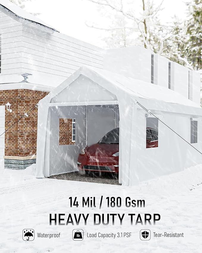 Hipicute 12x20x11 Ft Heavy-Duty Portable Garage with Canopy Top, Front and Back Doors, Roll-Up Windows, Carport Reinforced Structure for Cars, Trucks, Boats, and Parties - White.