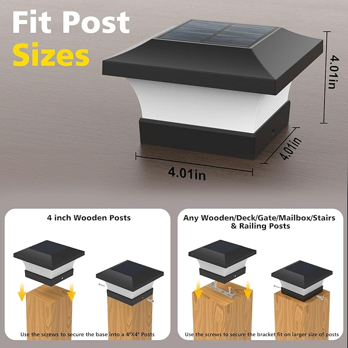 T-SUN Solar Post Lights, Outdoor Waterproof Solar Post Cap Lights for 4X4, 5X5, 6X6 Wooden Posts，6000K White LED Lighting, Deck, Patio Garden Decor or Fence(6 Pack)