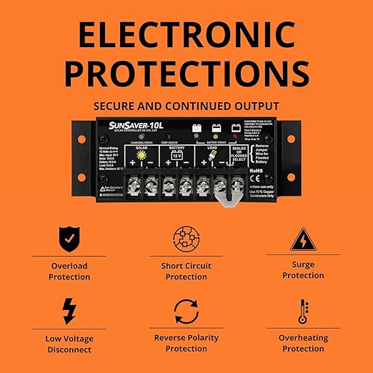 Morningstar SunSaver 10A PWM Solar Charge Controller (SS-10L-12V) - Solar Panel Regulator for 12V batteries, Four Stage Battery Charging, LVD, HazLoc Rated, Low Noise, 5 Year WTY - Designed in the USA