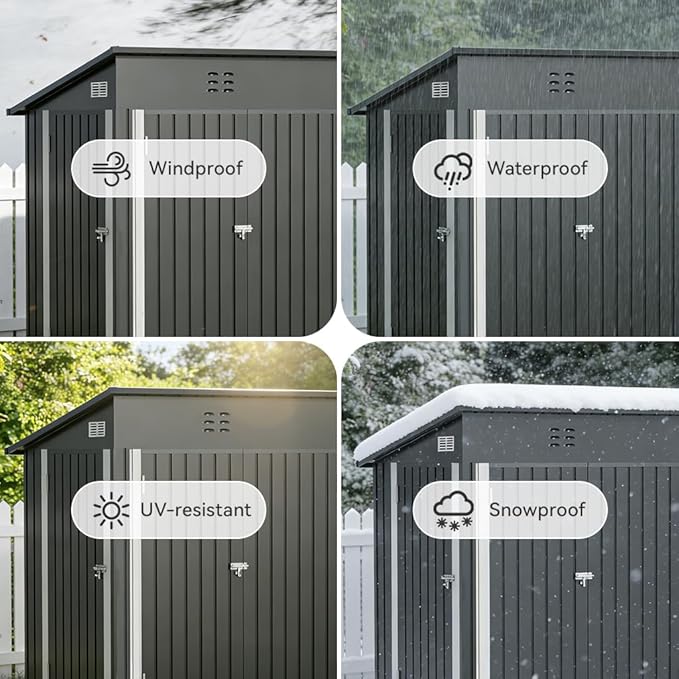 COMHOMA Shed Storage Outdoor Metal Windowed Lockable Weatherproof Ventilated Backyard Garden Utility Workshop(Grey,8'*4')