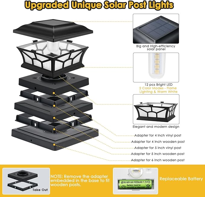 4 Pack Solar Post Cap Lights Outdoor Flickering Flame & Warm White, Fits 4x4 5x5 6x6 Wooden or Vinyl Posts, Waterproof Solar Fence Deck Lights for Yard Garden Patio Decoration.