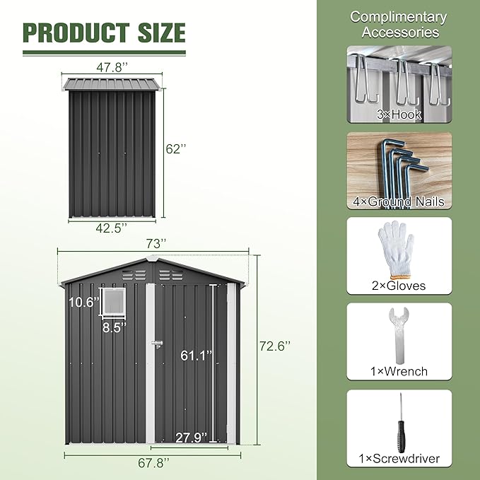 KEIKI Storage Shed 6x4 FT, Small Metal Tool Shed for Outdoor Storage, Galvanized Steel Garden Shed with Lockable Doors for Patio, Backyard, Lawn, Dark Grey