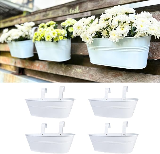 LaLaGreen Outdoor Plants Rail Planter (4 Pack, 15 Inch) White Metal Iron Hanging Flower Pot Deck Railing Fence Bucket Modern Boho Style Wall Mount Window Box Plant Holder Hooks Porch Herb Garden Decor