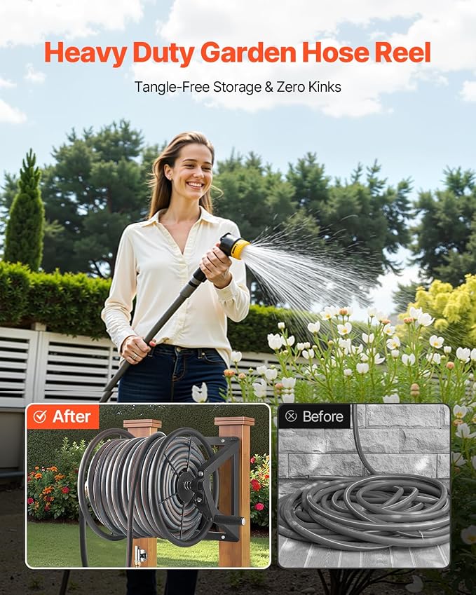 VEVOR Wall Mounted Garden Hose Reel, Holds 200 ft 5/8-inch Manual Water Hose Winder, Heavy-Duty Steel, Outdoor Reel with Brass Fitting & 5ft Leader Hose, Space Saving, for Yard Lawn Garage
