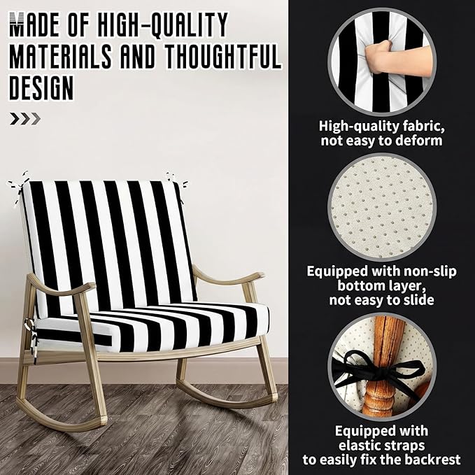 Tudomro 4 Pcs Outdoor High Back Chair Cushion Covers (Not Includes Cushion) Waterproof Patio Replacement Rocking Chair Slipcover Seat Pad Cover with Tie for Furniture (Black and White,44'' X 21'')
