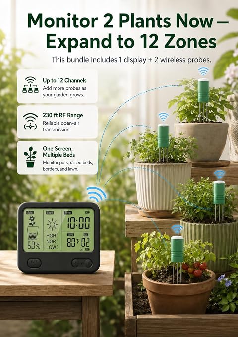 Soil Moisture Meter for Plants, Multi-Zone Wireless Soil Test Kit & Soil Thermometer, TDR 4-in-1 Plant Water Meter, 230ft RF, IPX5 Waterproof, Indoor Outdoor Garden Lawn Farm(Display+2Sensor)