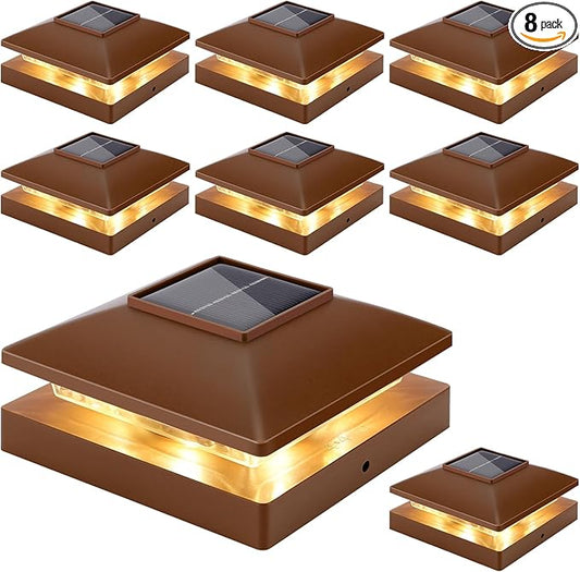 Solar Post Cap Lights Outdoor 8pack, Brown Waterproof Solar Powered Deck Fence Post Lights Fit 4x4 Wood/Vinyl Posts, Bright Warm White Solar Post Lights Decorate Deck, Patio, Porch, Fence