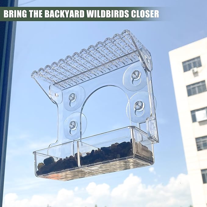 2PCS Window Bird Feeder with 4 Extra Strong Suction Cups, Clear Birdfeeders Bird House for Outdoors Window Viewing Outside, Removable Tray Birdhouse