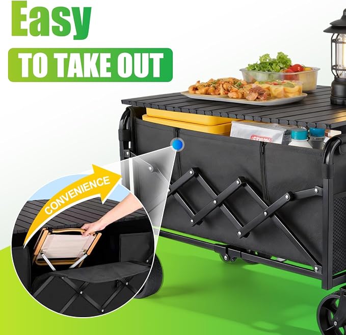 500LBS Collapsible Folding Wagon Carts with Table - 230L Large Foldable Collapsible Portable Wagon Cart with Breaks, Heavy Duty & All-Terrain Swivel Wheels for Camping Shopping Garden & Fish