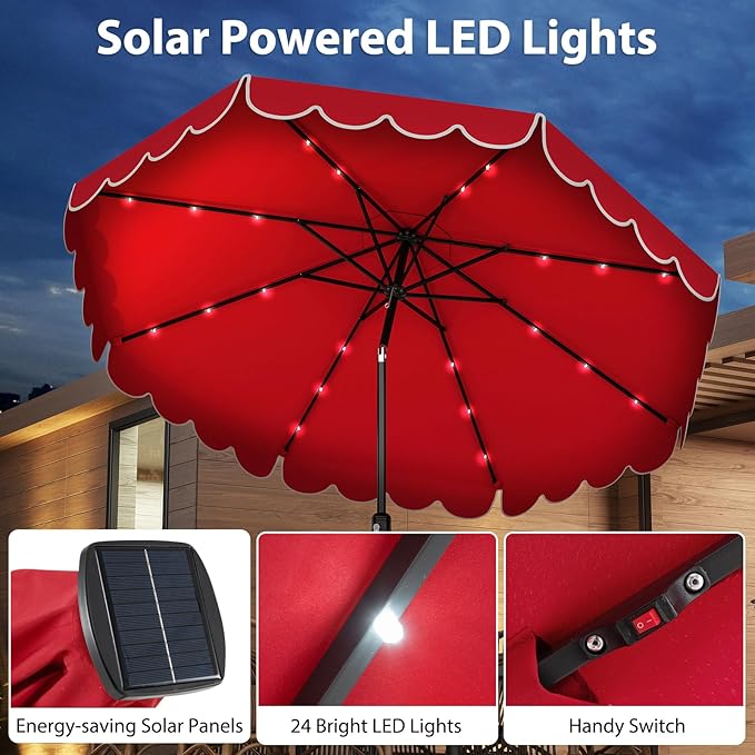 Tangkula 10FT Solar LED Patio Umbrella, 2-Tiers Scalloped Outdoor Table Market Umbrella with 24 LED Lights, Vented Top, Tilt Adjustment, Crank, 8 Ribs for Backyard Poolside Deck Beach Lawn (Red)