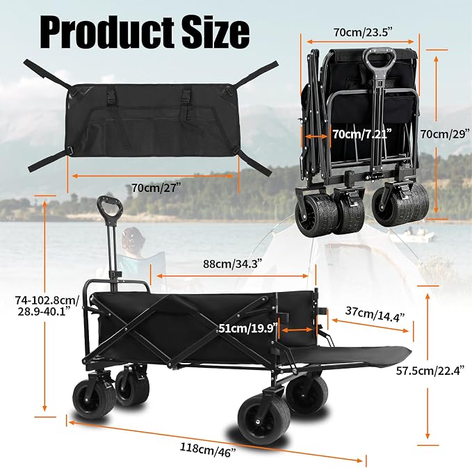 440 LBS Wagons Carts Foldable, Folding Collapsible Wagon Cart with Big All-Terrain Wheels & Cup Holders, Utility Graden Carts for Camping, Beach, Garden and Shopping