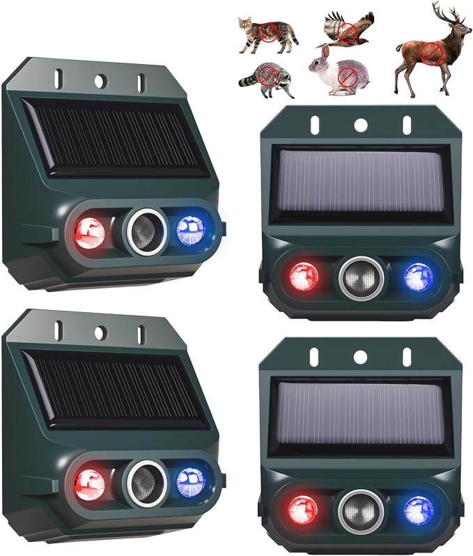 4 Packs Solar Nocturnal Animal Repeller,Ultrasonic Coyote Deterrent Outdoor for Yard Farm,Predator Lights with Red&Blue for Bird,Effective Deer Repellent Outdoor for Chicken Coop