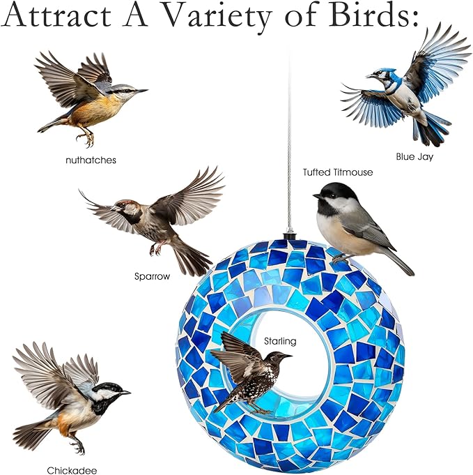 6 Inch Mosaic Glass Hanging Bird Feeder for Outdoors，Fly Through Bird Feeders for Wild Birds, Cute Seed Container with Round Shape for Backyard Window Garden Porch Decor, Ocean Blue Mosaic