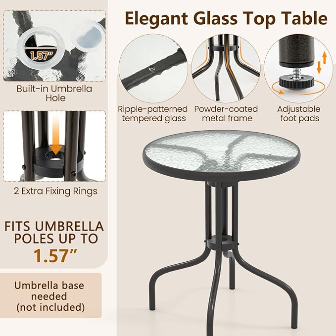 Goplus Patio Bistro Set, 3-Piece Patio Dining Furniture Set with Round Tempered Glass Table, 2 Foldable Chairs, Small Outdoor Folding Chairs & Table Set for Porch Garden Pool Yard