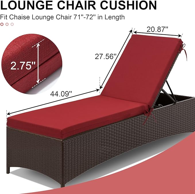 Crestlive Outdoor Chaise Lounge Cushions, Fade Resistant Water Resistant Lounge Chair Cushion, 72''L x 21''W, Set of 2, Chili