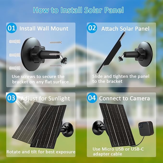 Solar Panel for Blink Outdoor 4/3/XT2/XT Camera, 4W High-Efficiency Solar Charger with 10ft Cable, USB-C & Micro USB Adapter, IP66 Waterproof, 360° Adjustable Mount