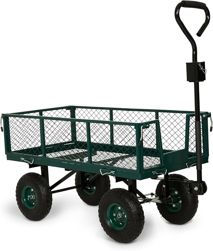 Backyard Expressions Heavy Duty Garden Cart 600 lb, 38" x 20" Steel Bed Utility Wagon with Removable Mesh Sides, Powder-Coated Frame, 10" Pneumatic Wheels, Pull Handle Yard/Lawn Hauler