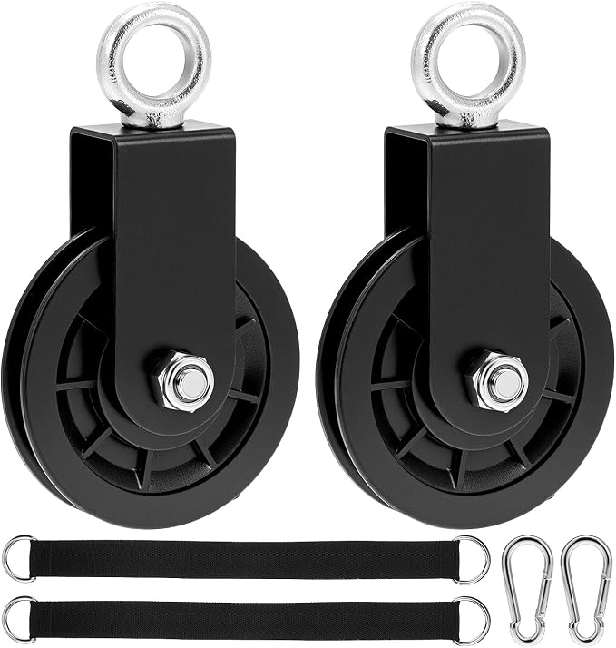 QWORK Gym Pulley Wheel Set, 2 Sets Cable Pulley with Swing Strap Carabiner – 330 lbs Capacity